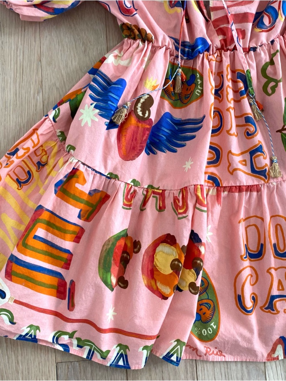 Farm Rio Puff Sleeve Juice Print Mini Dress Fruits Vegetables - Picture 2 of 11